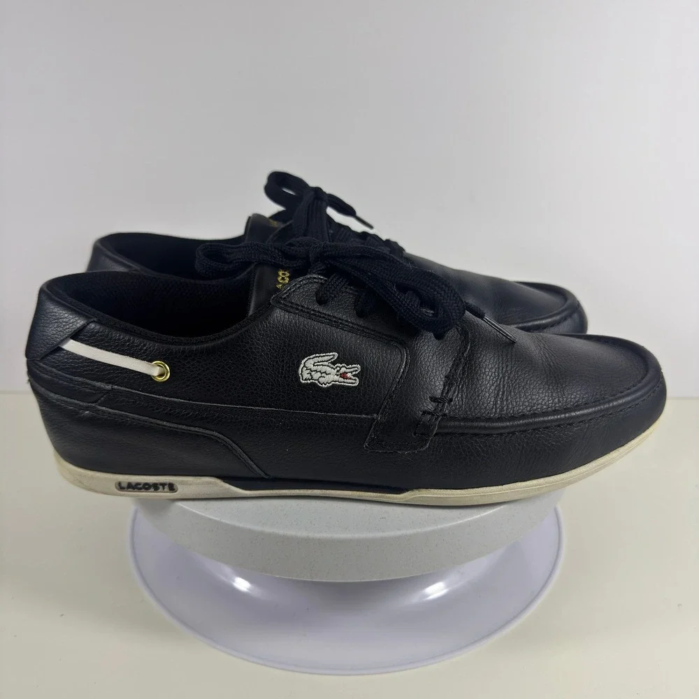 Lacoste Mens Black Leather Boat Shoes Low Top Sneakers‎ Gold Logo Moc Toe 10